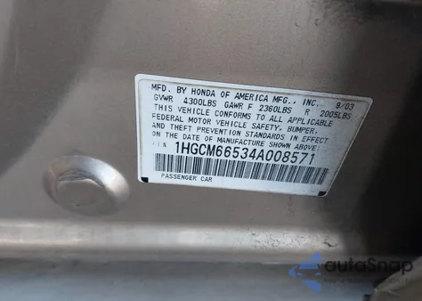 2004 Honda Accord 3.0 Ex z USA, uszkodzony, nr VIN 1HGCM66534A008571